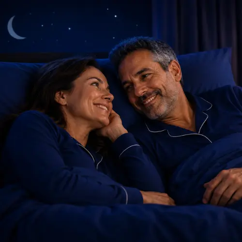 Casal descansando na cama com rotina de sono tranquila