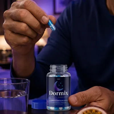 Frasco de Dormix em cápsulas sendo utilizado