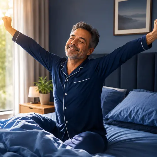 Homem acordando com disposição pela manhã