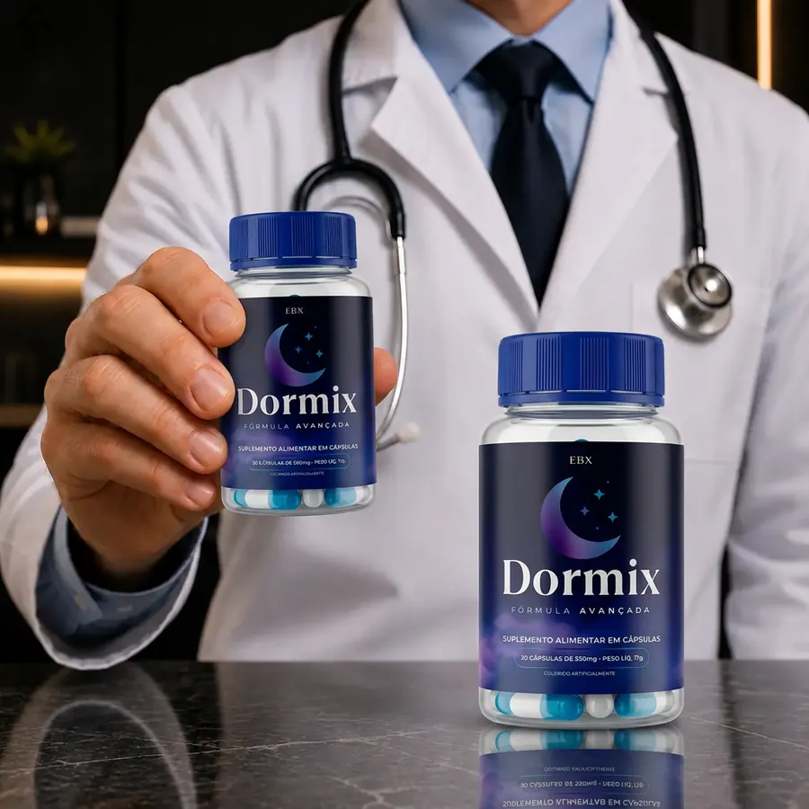 Profissional de saúde apresentando o frasco e a caixa do Dormix