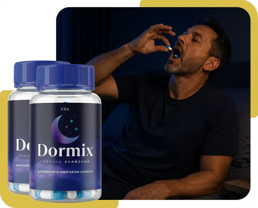 Homem tomando uma cápsula de Dormix antes de dormir